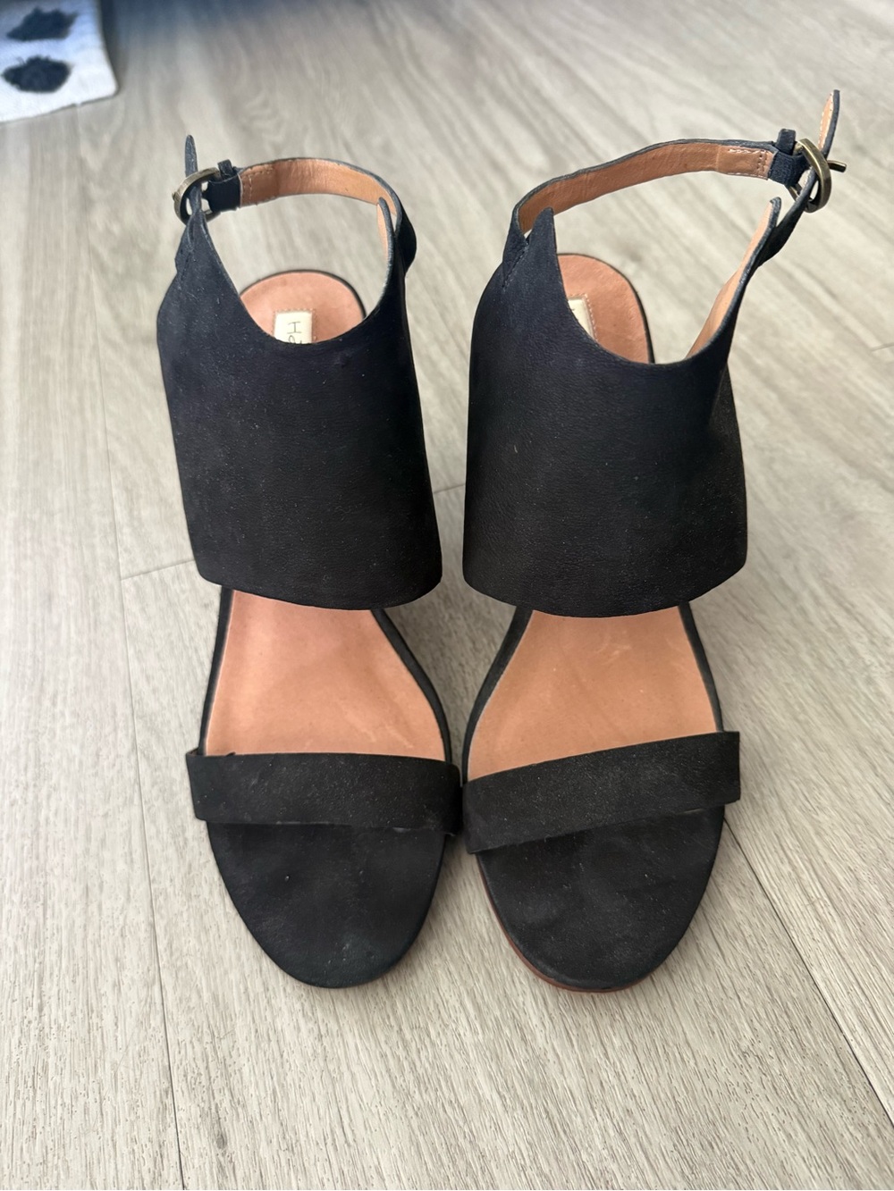 Halogen Black Suede Wedge Sandals with Wood-Textured Heel